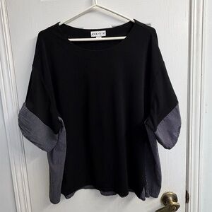 Ava & Viv Women's Black Mixed-Media Short Sleeve Top with Striped Panels-Size 3X